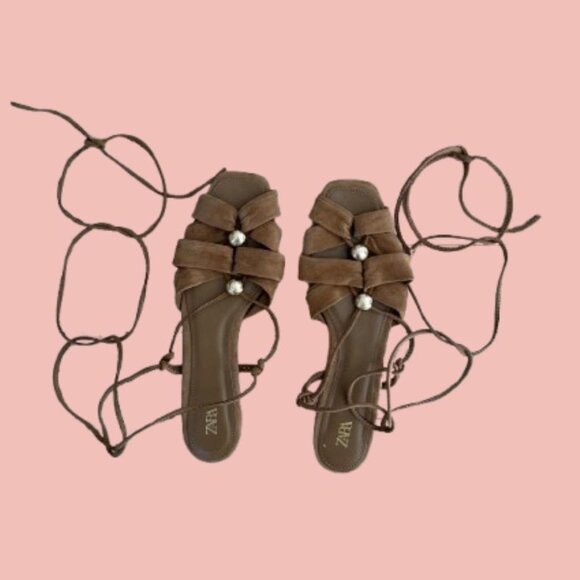 Greek-inspired lace-up sandals in soft faux suede with gold button details - Picture 1 of 7